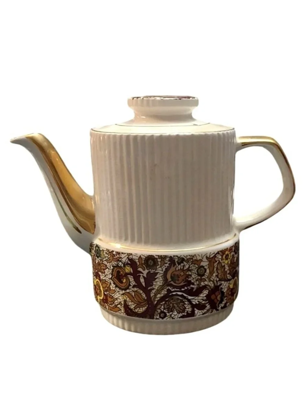 Gibsons Paisley Ironstone Coffee Tea Pot Ribbed Staffordshire England Vintage